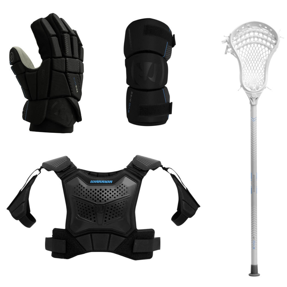 Warrior youth 4-piece starter kit with white stick, gloves, arm pads and shoulder pads