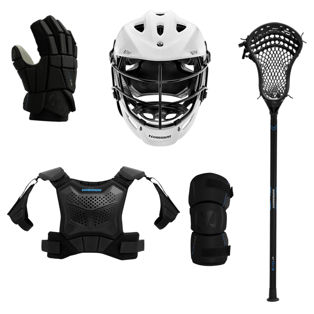Warrior youth 5-piece starter kit with black stick, gloves, arm pads, shoulder pads and white helmet