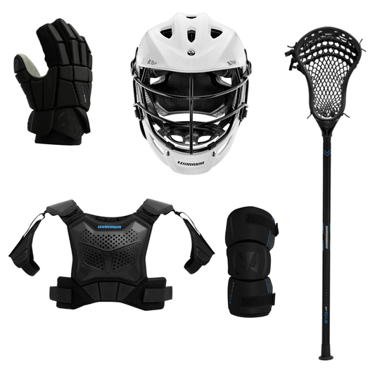 Warrior youth 5-piece starter kit with black stick, gloves, arm pads, shoulder pads and white helmet