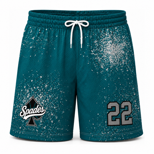 South Bay Spades Sublimated Mesh Shorts — Teal/Grey Splatter